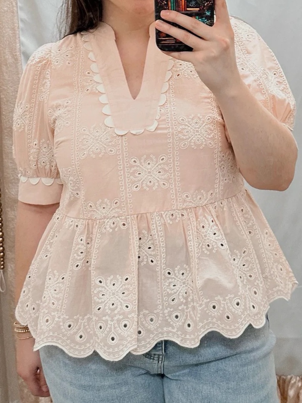 NWT Entro Pale Pink Eyelet Peplum Blouse with Scallop Trim